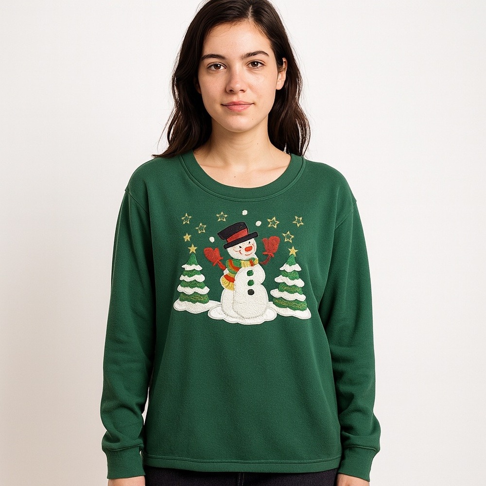 Liz & Me Sweatshirt Women's Christmas Snowman Embroidered Green Shirt 3x